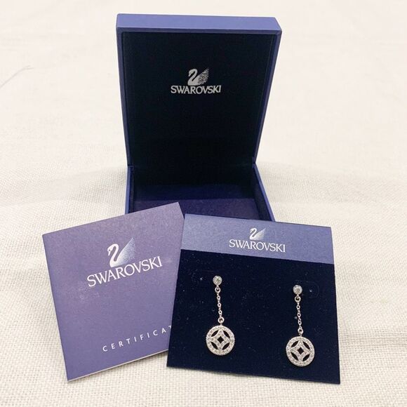 NIB Swarovski Crystal Silver circle motif dangling drop earrings w/ certificate - Picture 1 of 4